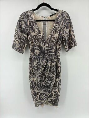 Elegant Silver & Cream Midi Dress Sequin Detailed